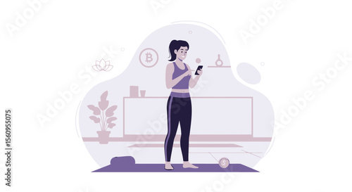 Woman Checks Cryptocurrency and Stock Market After Morning Workout At Home