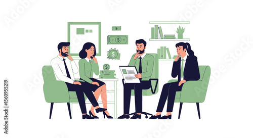 Financial Meeting Illustrating Investments And Savings Planning With Advisor And Clients