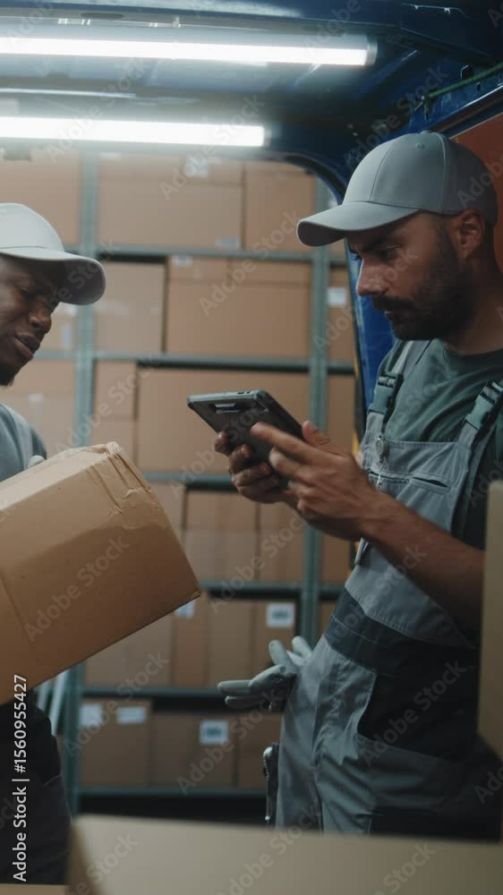 Outside of Logistics Retail Warehouse: Diverse Employees Unloading Delivery Truck with Cardboard Boxes. Manager Scanning Parcels Using Digital Tablet. Online Orders, E-Commerce Goods. Vertical Shot. Outside of Logistics Retail Warehouse: Diverse Employees Unloading Delivery Truck with Cardboard Boxes. Manager Scanning Parcels Using Digital Tablet. Online Orders, E-Commerce Goods. Vertical Shot.