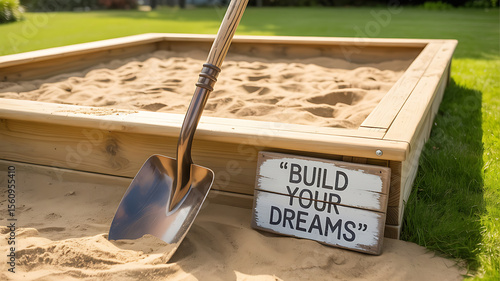 Wooden sandbox with shovel and sign reading 