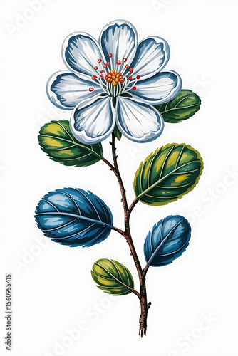 Delicate white flower with vibrant blue leaves.
