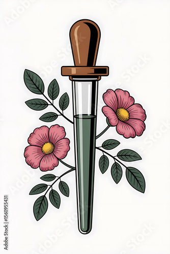 Glass dropper surrounded by pink flowers and leaves.
