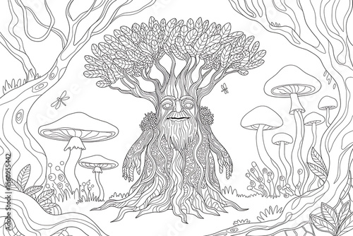 Enchanted tree spirit in a whimsical forest.
