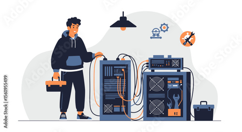 Young Professional Server Maintenance Specialist Connecting Data Cables In Network Data Center