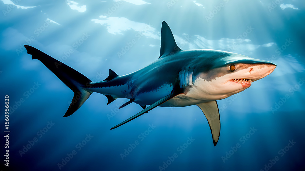 Obraz premium Powerful shark, sleek and predatory, in deep blue water. 