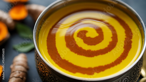 Turmeric soup, swirling patterns, golden color.
