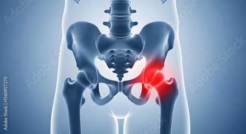 Hip pain illustration. Joint inflammation, injury, or arthritis highlighted in red. Medical condition diagnosis.