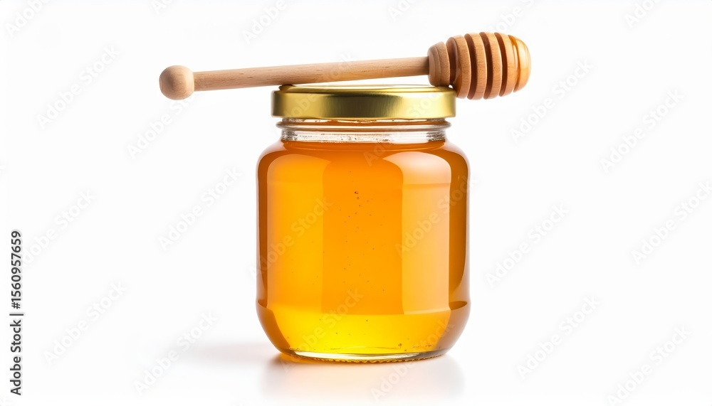 Golden honey in glass jar with dipper on top, isolated on white background Golden honey in glass jar with dipper on top, isolated on white background