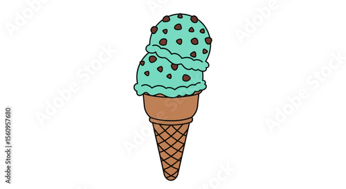 Mint chocolate chip ice cream cone drawing illustration dessert sweet treat summer food delicious frozen treat vector