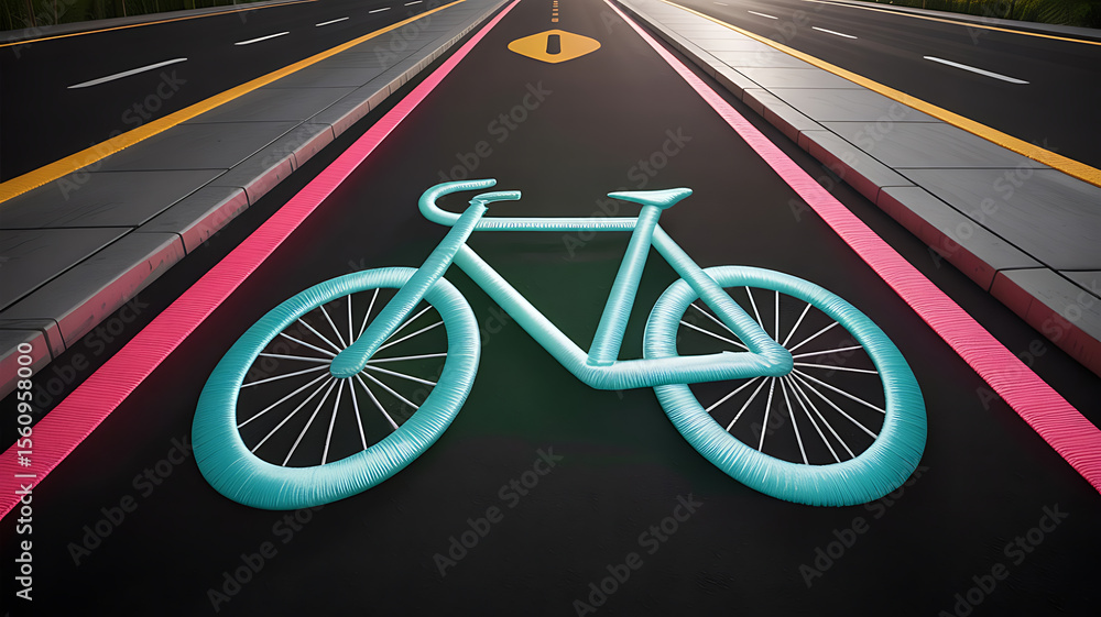Fototapeta premium Teal bicycle symbol painted on a road. Designated bike lane.