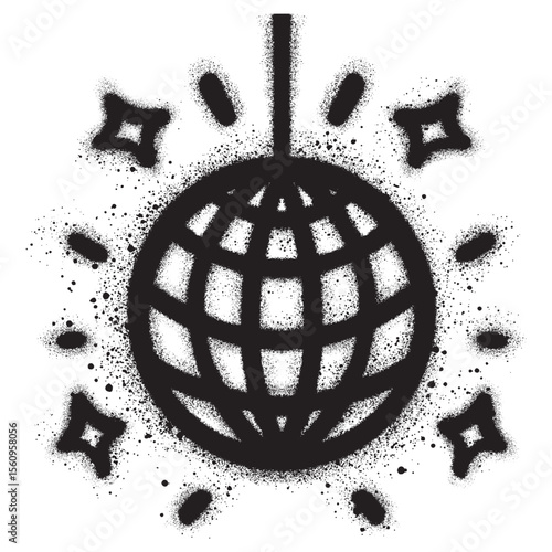 Shiny disco ball with graffiti style with black spray paint. Music, parties, festivals, dance clab. Retro music poster.