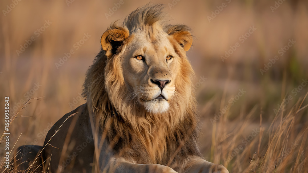Fototapeta premium Majestic lion resting in golden savanna grass. 