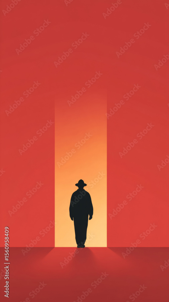 Obraz premium Firefighter silhouette in minimalist doorway passage
