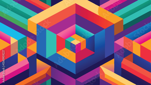 Vibrant isometric geometric abstract illustration with translucent layered 3d shapes