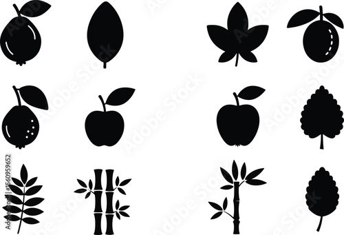 Black fruit and leaf icons with botanical elements apple guava