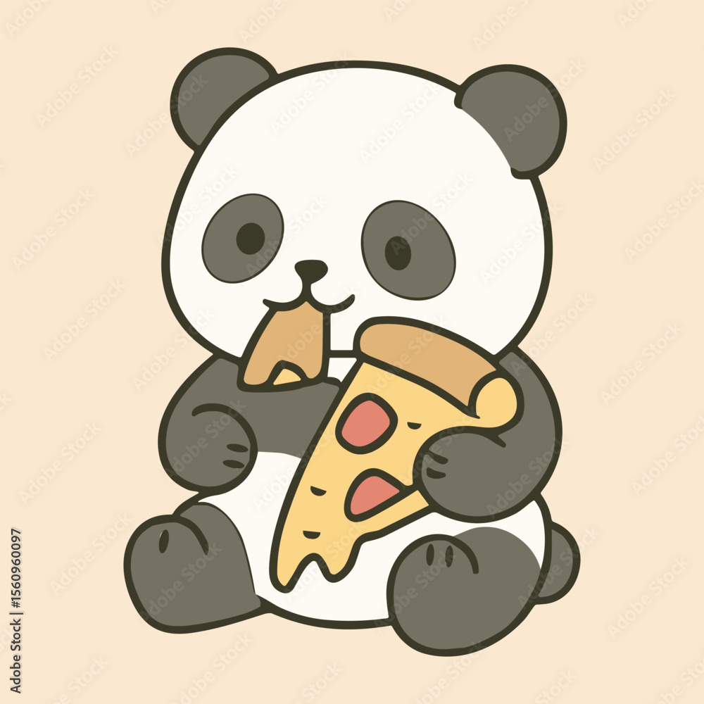 Fototapeta premium Cute Panda Eating Pizza Vector – Funny Food Animal Clipart for Kids and Fast Food Themes 