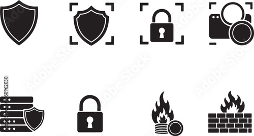 Shield lock server camera fire brick icons vector