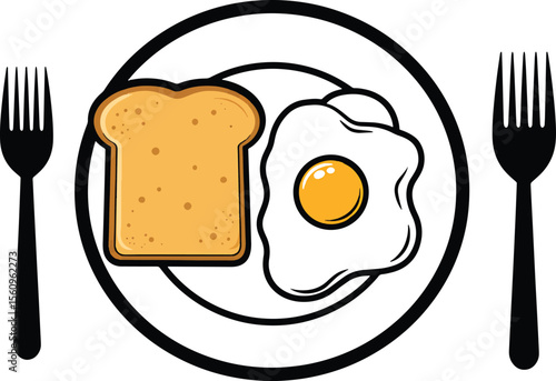 Toasted bread and fried egg on plate with forks breakfast