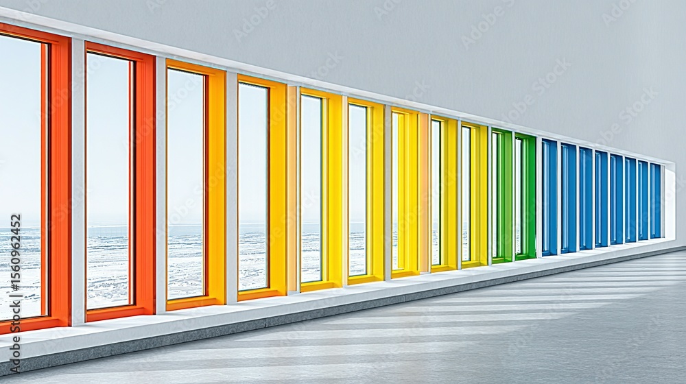 Obraz premium Colorful windows line a modern hallway.