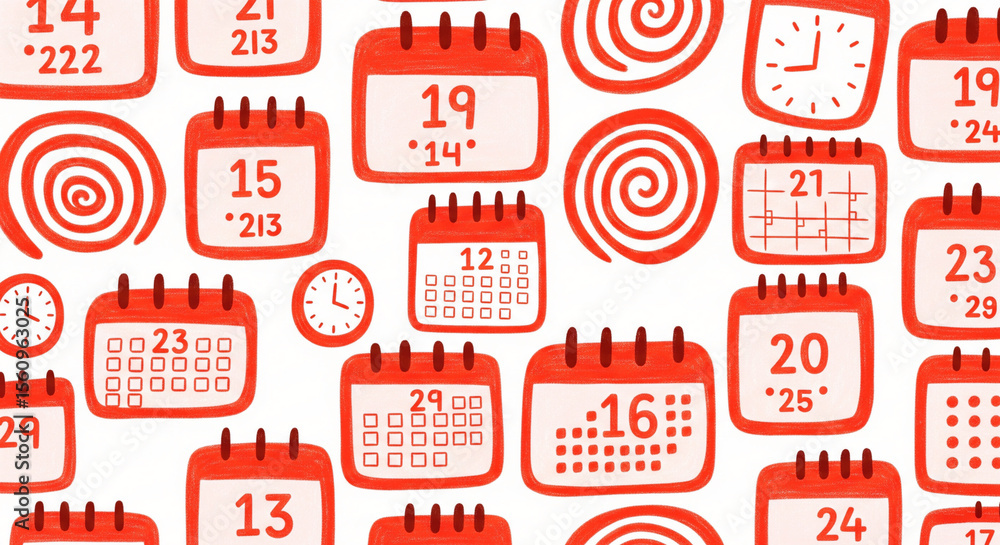 Obraz premium Bold Red Calendar Pages and Clocks with Swirls in a Graphic Crayon Style Seamless Pattern