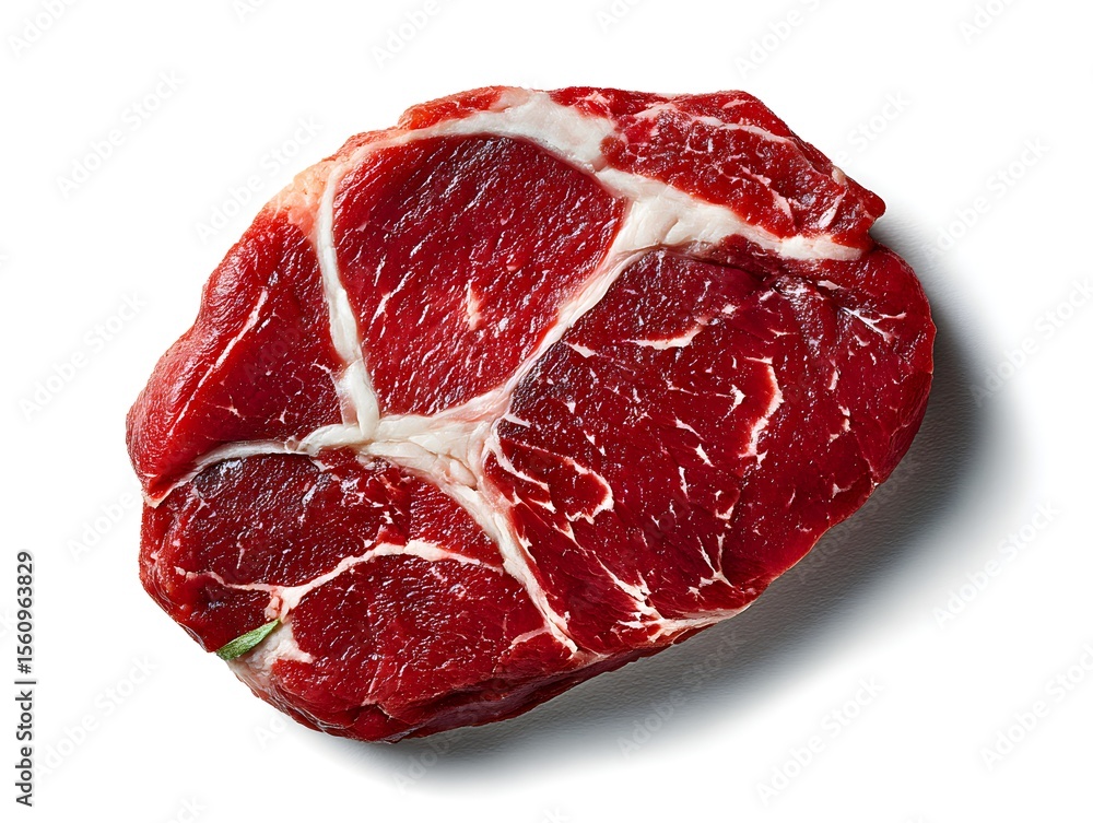An isolated uncooked beef chuck roast piece exhibits intricate marbling against a clean white background above. An isolated uncooked beef chuck roast piece exhibits intricate marbling against a clean white background above.