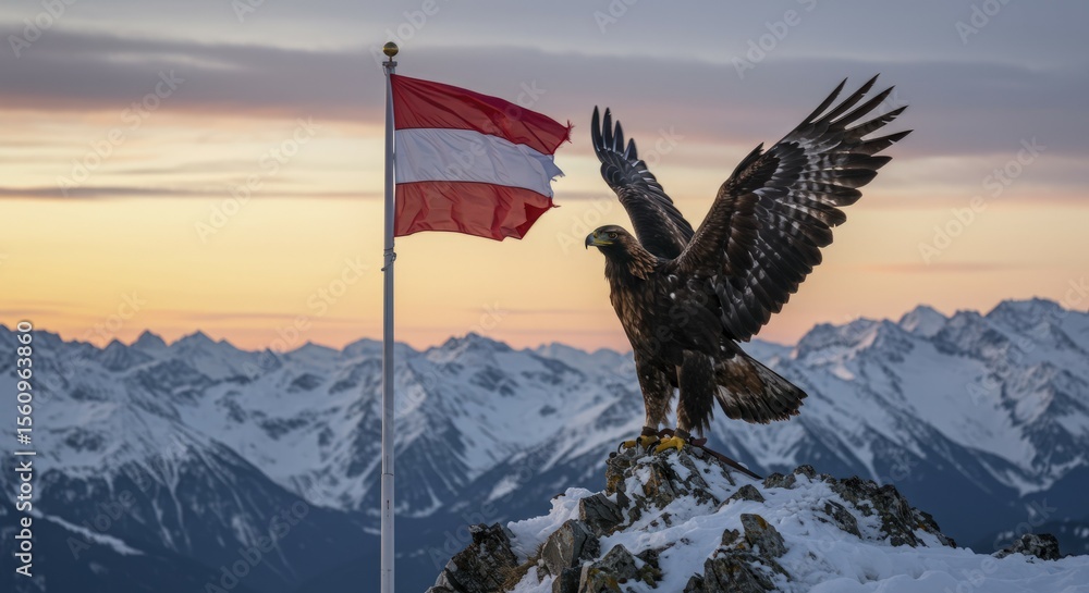 Fototapeta premium Majestic Golden Eagle Atop Snowy Peak with Austrian Flag