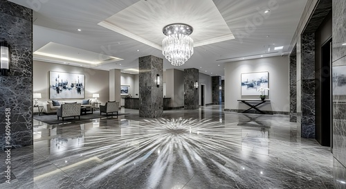 Luxurious lobby interior with marble flooring features a large chandelier and abstract wall art. Reflective surfaces enhance the open space creating a modern and elegant atmosphere.