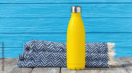 A yellow insulated water bottle sits beside a stack of patterned towels.