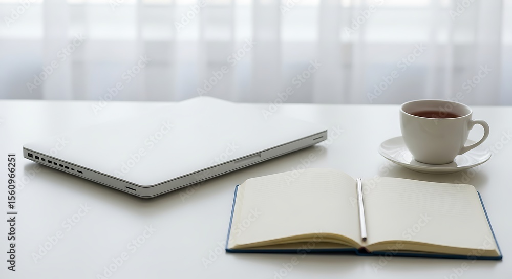 Fototapeta premium A minimalist workspace featuring a laptop notebook and a cup of tea on a white table near a window with soft natural lighting perfect for work or relaxation.