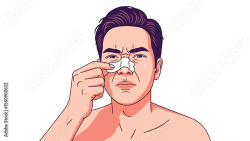 Man using pore strip for skincare routine illustration for healthy skin isolated on white background