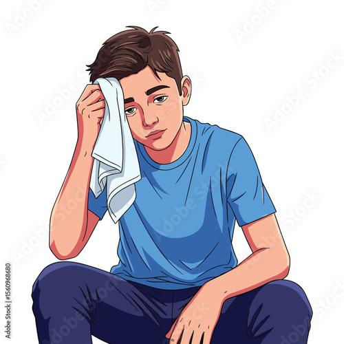 Tired young man wiping sweat, illustration of exhaustion and physical exertion graphic