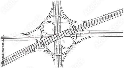 Overhead view of a complex highway interchange with looping ramps and multiple lanes of traffic depicted in black and white lines illustrating road network.