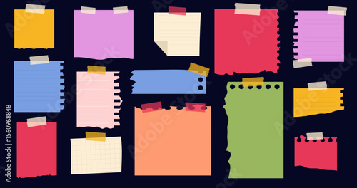 Cute Doodle Notes Paper with Sticky Tape Notepad Torn Paper for Chat Bubble or Task Reminder. Paper Sheet Clip Art Vector	