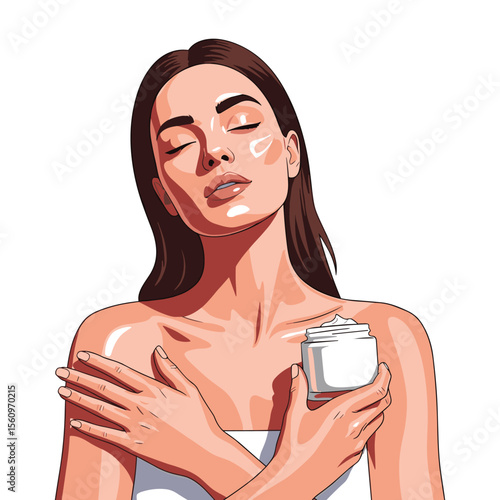 Illustration of a woman applying moisturizing cream for skincare wellness and beauty routine
