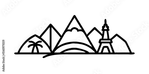 Global Adventure Travel Logo Design Featuring Mountains, Palm Tree, and Iconic Landmark