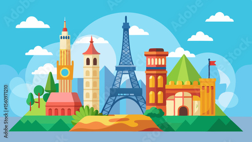 Stylized european cityscape featuring famous landmarks and towers