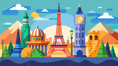 Stylized cityscape featuring iconic global landmarks in a vibrant flat design
