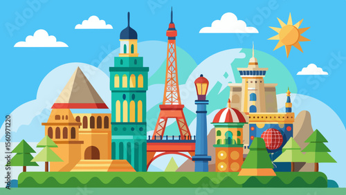 Colorful flat design skyline of famous world landmarks under a sunny sky