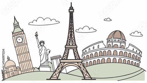 Famous world landmarks illustrated in a whimsical travel collage