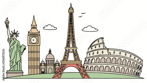 Famous global landmarks collage featuring statue of liberty eiffel tower big ben and colosseum