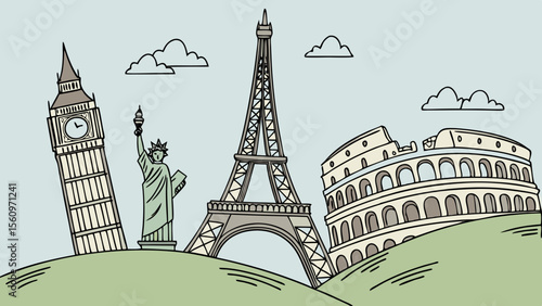 Famous landmarks from around the world in a stylized illustration