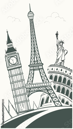 Famous world landmarks collage including eiffel tower big ben statue of liberty and colosseum