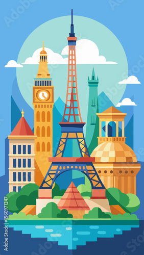 Iconic world landmarks collage featuring eiffel tower big ben and pyramid