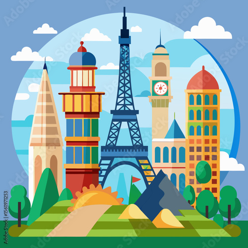 Colorful flat design illustration of famous european landmarks in a cityscape