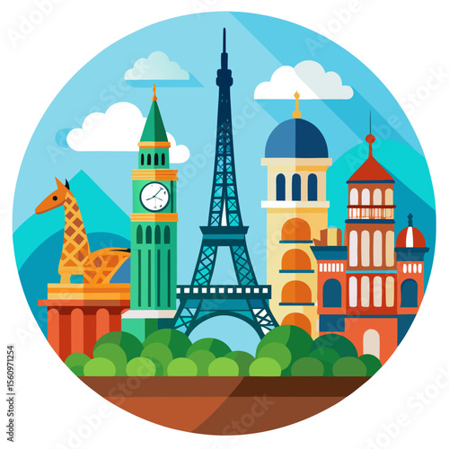Iconic european landmarks and giraffe illustration in a circular design