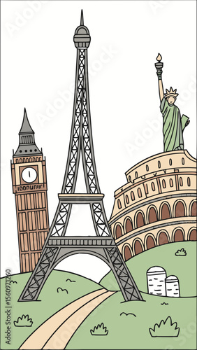 Famous world landmarks collage featuring eiffel tower big ben statue of liberty and colosseum