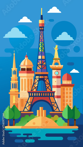 Colorful flat illustration of the eiffel tower and parisian landmarks under a blue sky