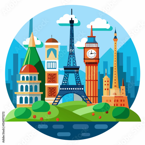Famous european landmarks and cityscapes in a circular illustration