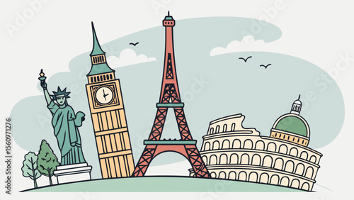 Famous international landmarks collage featuring eiffel tower statue of liberty big ben colosseum