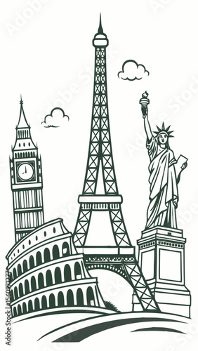Iconic global landmarks collage featuring eiffel tower statue of liberty big ben colosseum